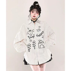 批发【原版做法】涂鸦条纹港风新款宽松长袖衬衫女<b class='q'>男</b>春秋学院风衬衣