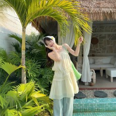 批发韩版立体抽皱抽皱木耳边吊带裙女温柔百搭垂感微A<b class='q'>连衣裙</b>