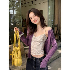 批发纯欲紫软糯轻柔紫色短款碎花吊带女春夏季新款<b class='q'>韩版</b>修身辣妹上衣