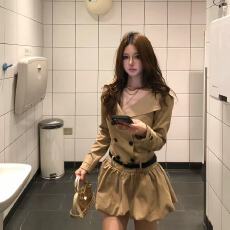批发纯欲风性感气质纯色长袖连衣裙女秋季炸街高级感风衣双排扣花苞裙