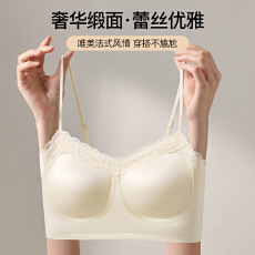 批发夏季缎面冰丝美背内衣女聚拢吊带一体式无痕蕾丝文胸薄款背心新款
