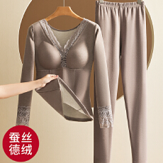 批发冬季蚕丝德绒发热保暖内衣女士套装加绒加厚自带胸垫秋衣秋裤打底