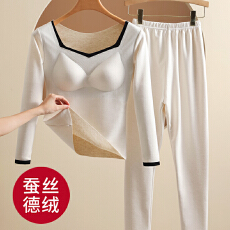 批发羊绒蚕丝冬季保暖内衣女套装加绒带胸垫秋衣秋裤女打底衫新款上衣