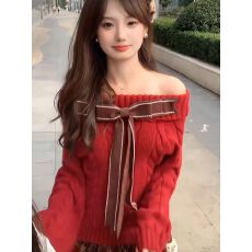 批发3根加厚Blovelan心湾甜美大蝴蝶软糯<b class='q'>北极</b><b class='q'>绒</b>针织秋冬一字肩毛衣