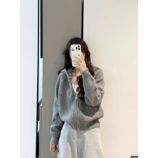 批发大码胖mm秋冬韩系休闲连帽拉链针织<b class='q'>开衫</b>女装灰色宽松显瘦毛衣外套