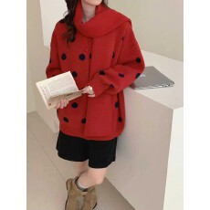 批发2025撞色波点围巾针织<b class='q'>开衫</b>女<b class='q'>秋季</b>新款韩系宽松慵懒风厚实毛衣外套