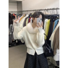 批发2026韩系毛领拼接翻领毛衣开衫<b class='q'>女士</b>冬款温柔纯色宽松减龄显瘦上衣