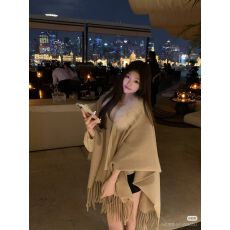 批发女主贵妇千金风毛领时尚百搭披肩流苏外套针织斗篷披风加毛毛领