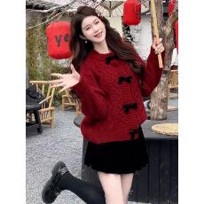 法式气质红色蝴蝶结针织毛别致百搭显瘦新款开衫