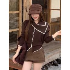 批发法式小香风撞色围巾领毛衣慵懒风短款长袖针织<b class='q'>开衫</b>