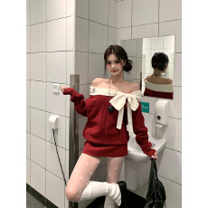 批发新年的秋冬裙子针织一字肩打底短款连衣裙新款连体短裙女装