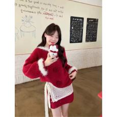 新年红色氛围感套装新款毛绒花边毛衣包臀半身裙屁帘三件套