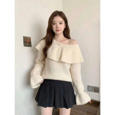 批发法式<b class='q'>荷叶边</b>一字肩喇叭袖<b class='q'>毛衣</b>宽松软糯减龄针织衫上衣