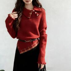 批发新年红色<b class='q'>不规则</b>翻领毛衣女秋冬季蝙蝠袖软糯<b class='q'>针织衫</b>