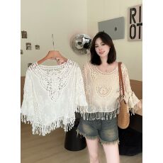 批发春夏季流苏新款钩花<b class='q'>针织</b>衫女外搭宽松套头<b class='q'>罩衫</b><b class='q'>镂空</b>百搭七分袖防晒