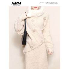 批发不规则下摆花朵毛毛领针织衫上衣+高腰半身裙子<b class='q'>女装</b>开叉毛衣<b class='q'>套装</b>