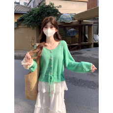 批发韩系甜美减龄蕾丝花边拼接收腰针织<b class='q'>开衫</b>毛衣<b class='q'>女</b>设计感春季宽松外套