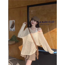 批发镂空网格<b class='q'>罩衫</b>女春夏薄款外搭宽松慵懒风防晒<b class='q'>针织</b>长袖T恤露肩上衣