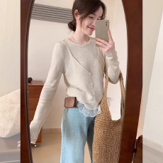 批发韩系<b class='q'>甜美</b>吊带假两件针织衫女春季时尚修身显瘦打底衫别致气质上衣