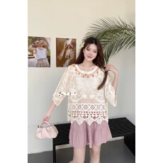 批发夏季新款蕾丝高级感绣花短袖上衣大码显瘦钉珠衫时尚潮流