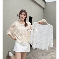 批发法式钩花镂空蕾丝衫女春季秋款大码胖mm宽松遮肉防晒衬衫外搭