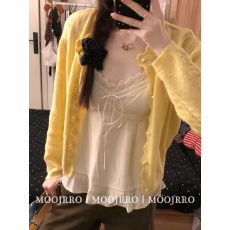 批发黄色镂空<b class='q'>长袖</b>针织开衫女春薄款防晒外套宽松慵懒风显瘦上衣