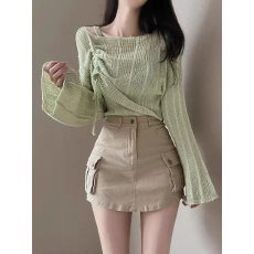 批发<b class='q'>秋</b>季新款长袖针织衫女韩版时尚抽绳罩衫上衣+内搭吊带背心两件套