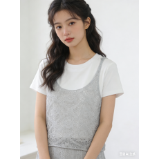 批发夏季背心无袖针织吊带上衣纯色外搭宽松减龄镂空马甲+<b class='q'>短袖</b>套装