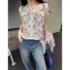 批发夏季女装爆款高端重工刺绣亚麻马甲坎肩无袖背心薄上衣