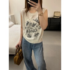 批发韩系复古飞马刺绣镂空圆领<b class='q'>亚麻</b>针织马甲女 夏季薄款无袖背心上衣