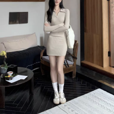 批发早秋温柔风穿搭韩系高级感双口袋POLO领针织连衣裙修身包臀短裙女