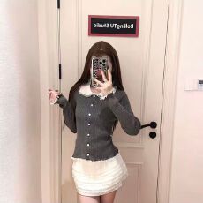 批发秋冬法式复古<b class='q'>蕾丝</b>边娃娃领长袖上衣设计感简约针织打底开衫女内搭