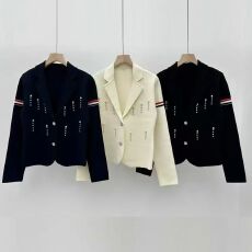 批发韩版重工钉钻设计感双袖彩杠修身针织开衫翻领<b class='q'>小西装</b>秋冬外套女