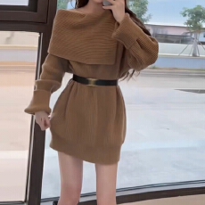 批发法式高级感气质名媛打底毛衣裙女秋冬季新款小个子<b class='q'>露肩</b>针织<b class='q'>连衣裙</b>