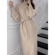 批发<b class='q'>欧美</b>风秋冬复古气质高领侧边金属纽扣长袖打底针织毛衣连衣裙女