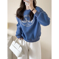 批发显白北欧蓝~cos风冬季加绒立体字母植绒刺绣宽松百搭<b class='q'>套头卫衣</b>