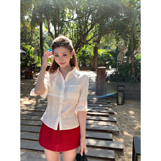 批发2026年新款时髦老钱风亚麻中袖收腰显瘦气质通勤衬衫