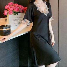 批发加肥M~5XL冰丝睡裙女中长款纯色家居服少女蕾丝宽松短袖睡衣