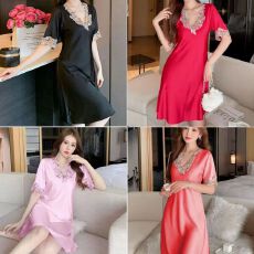 批发【加肥M~5XL】冰丝睡裙女中长款纯色家居服少女蕾丝宽松短袖睡衣