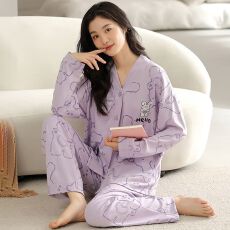 批发秋冬新和尚领仿棉单面牛奶丝开衫长袖睡衣女家居服