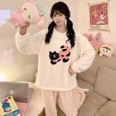 新款冬天保暖圆领提花法兰绒套头睡衣加厚家居服女