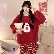 新款冬天保暖圆领提花法兰绒套头睡衣加厚家居服女