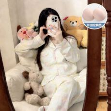 批发12花型 春秋新款睡衣女士翻领带胸垫云朵棉长袖休闲可爱家居服