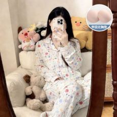 批发12花型 春秋新款睡衣女士翻领带胸垫云朵棉长袖休闲可爱家居服