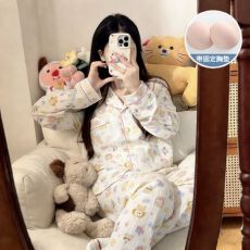 批发12花型 春秋新款睡衣女士翻领带胸垫云朵棉长袖休闲可爱家居服