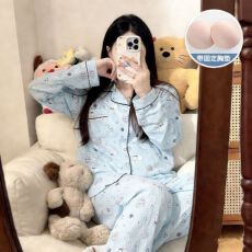 批发12花型 春秋新款睡衣女士翻领带胸垫云朵棉长袖休闲可爱家居服