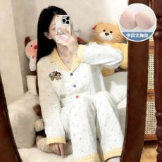 批发12花型 春秋新款睡衣女士翻领带胸垫云朵棉长袖休闲可爱家居服