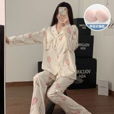 3花型 秋季新款睡衣女带胸垫梭织云朵棉开衫甜美长袖家居服套装