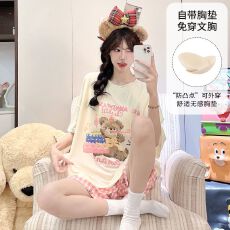 批发<b class='q'>夏</b>季新款睡衣女拉架莫代尔圆领套头短袖短裤固定胸垫家居服套装