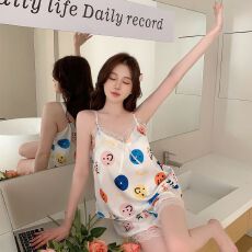 夏天吊带背心女士休闲蕾丝花边露背性感女神睡衣冰雪丝带胸垫套装